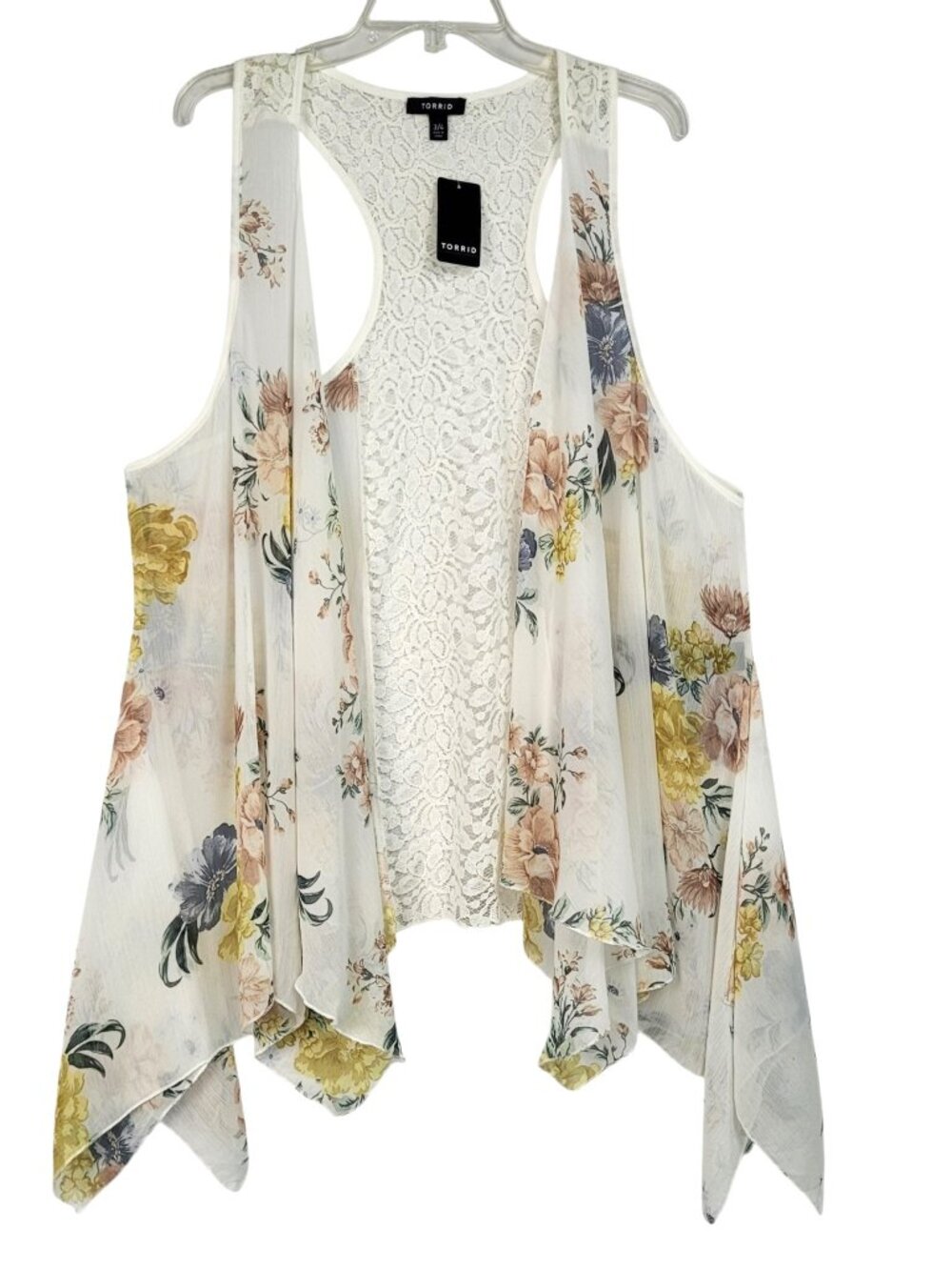 Torrid Open Drape Vest Women 3/4 Floral Chiffon Lace Racerback Boho Preppy Gypsy